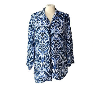 Chico's Button Up Shirt Women Size L/12 (2) Blue 100% Linen Ikat Long Sleeve